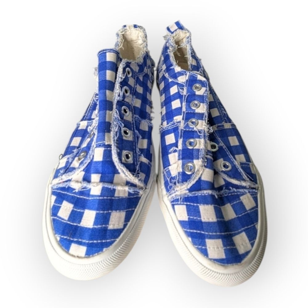 Corky's Blue White Gingham Check Laceless Slip On Canvas Sneakers 10